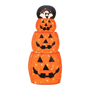 Glitzhome 4FT Lighted Halloween Stacked Jack-O-Lanterns with Extendable White Ghost