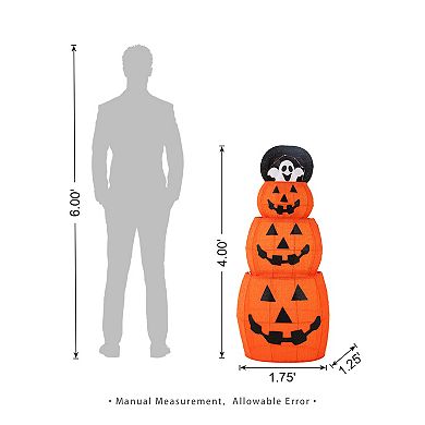Glitzhome 4FT Lighted Halloween Stacked Jack-O-Lanterns with Extendable White Ghost
