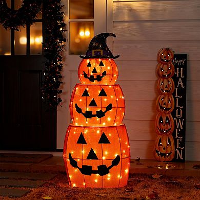 Glitzhome 4FT Lighted Halloween Stacked Jack-O-Lanterns with Extendable White Ghost