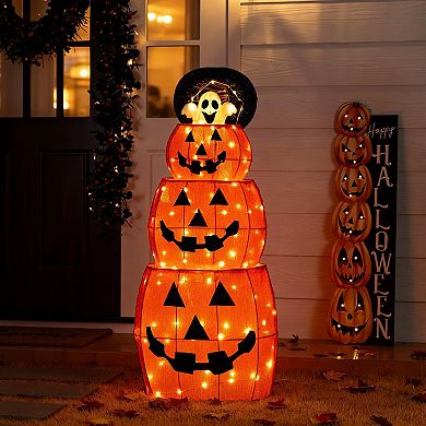Glitzhome 4FT Lighted Halloween Stacked Jack-O-Lanterns with Extendable White Ghost