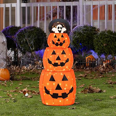Glitzhome 4FT Lighted Halloween Stacked Jack-O-Lanterns with Extendable White Ghost