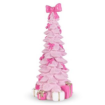 Glitzhome 15.25"H Christmas Resin Pink Tree with Bow Table Decor