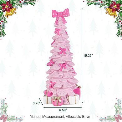 Glitzhome 15.25"H Christmas Resin Pink Tree with Bow Table Decor