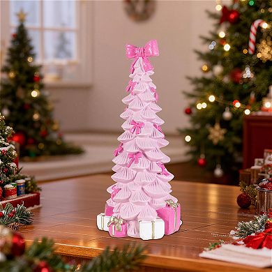 Glitzhome 15.25"H Christmas Resin Pink Tree with Bow Table Decor