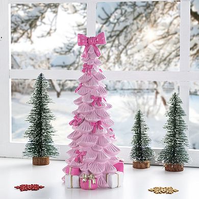 Glitzhome 15.25"H Christmas Resin Pink Tree with Bow Table Decor