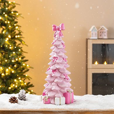 Glitzhome 15.25"H Christmas Resin Pink Tree with Bow Table Decor