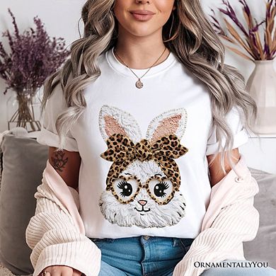 Easter Bunny Leopard Bow T-Shirt, Coquette Printed Faux Embroidery Girly Spring Tee