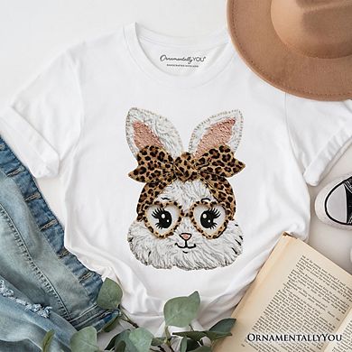 Easter Bunny Leopard Bow T-Shirt, Coquette Printed Faux Embroidery Girly Spring Tee