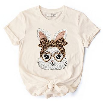 Easter Bunny Leopard Bow T-Shirt, Coquette Printed Faux Embroidery Girly Spring Tee