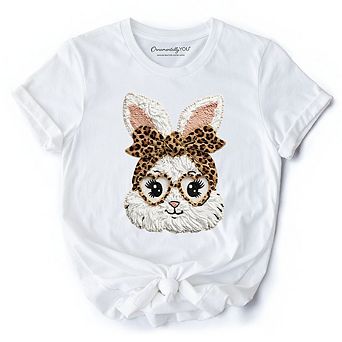 Easter Bunny Leopard Bow T-Shirt, Coquette Printed Faux Embroidery Girly Spring Tee