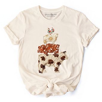 Western Farm Animals Printed Faux Patchwork T-Shirt, Country Cow Pig Sheep Hen Tee