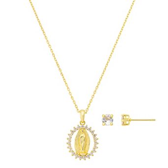 Gratitude & Grace 14k Gold Flash Plated Round Cubic Zirconia Virgin Mary Pendant Necklace & Post Earrings Set