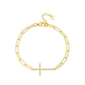Gratitude & Grace 14k Gold Flash Plated Cubic Zirconia Cross Paperclip Chain Bracelet