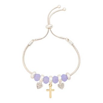 Gratitude & Grace Two Tone Fine Silver Plated Cubic Zirconia Heart & Cross Beaded Bolo Bracelet