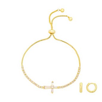 Gratitude & Grace 14k Gold Flash Plated Cubic Zirconia Cross Bolo Bracelet & Hoop Earring Set