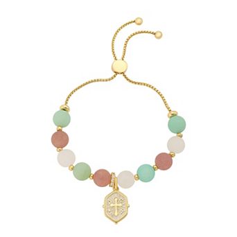 Gratitude & Grace 14k Gold Flash Plated Polished Cross Charm Round Quartz Bead Bolo Bracelet