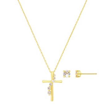 Brilliance 14k Gold Flash Plated Cubic Zirconia Cross Pendant & Earring Set