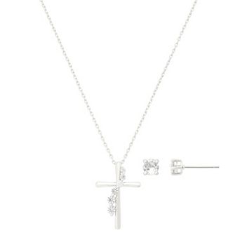 Brilliance 14k Gold Flash Plated Cubic Zirconia Cross Pendant & Earring Set