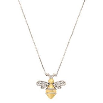 Brilliance Fine Silver Plated Two Tone Cubic Zirconia Bee Pendant Necklace