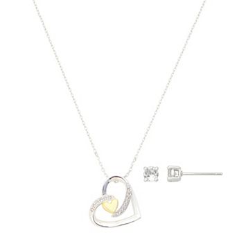 Brilliance Fine Silver Plated Cubic Zirconia Heart Pendant Necklace & Post Earring Set