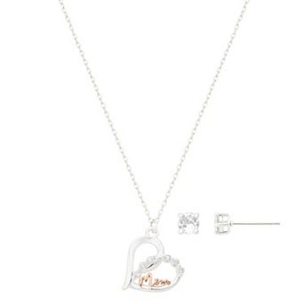 Brilliance Fine Silver Plated Cubic Zirconia Mom Heart Pendant & Post Earrings Set