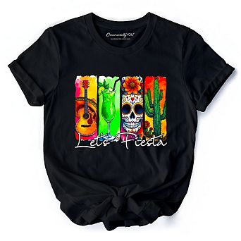 Cinco De Mayo Brushstroke Mexican T-Shirt, Let’s Fiesta Guitar Margarita Skull Cactus Tee