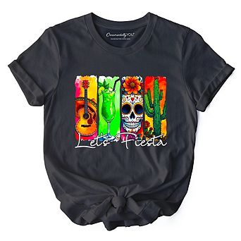 Cinco De Mayo Brushstroke Mexican T-Shirt, Let’s Fiesta Guitar Margarita Skull Cactus Tee