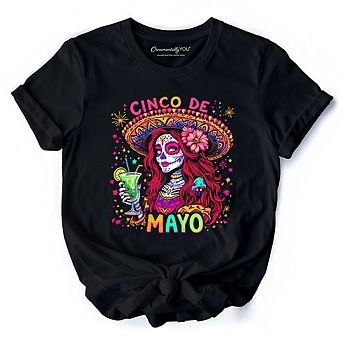 Sugar Skull Girl Cinco De Mayo T-Shirt, Mexican Margarita Sombrero Fiesta Tee