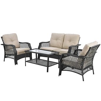 Costway 4 pc Patio Wicker Furniture Set Loveseat Sofa Coffee Table W/ Cushion
