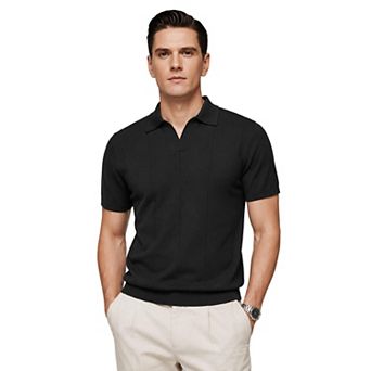 Men's Textured Polo Shirt Ribbed Hem Short Sleeve Golf V-Neck Slim Fit Knitwear