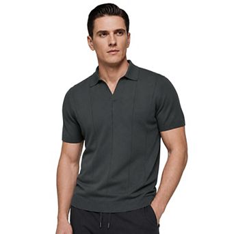 Men's Textured Polo Shirt Ribbed Hem Short Sleeve Golf V-Neck Slim Fit Knitwear