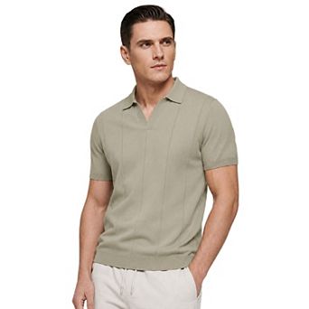 Men's Textured Polo Shirt Ribbed Hem Short Sleeve Golf V-Neck Slim Fit Knitwear
