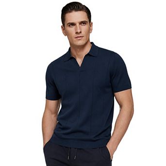 Men's Textured Polo Shirt Ribbed Hem Short Sleeve Golf V-Neck Slim Fit Knitwear