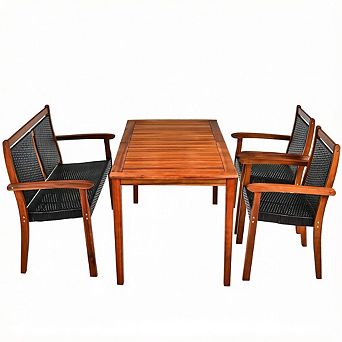 Costway 4 pc Patio Rattan Dining Furniture Set Acacia Wood Frame Stackable Chair Loveseat