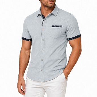 Men's Summer Waffle Short Sleeve Shirt Contrast Print Casual Shirt