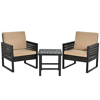 Costway 3 pc Patio Rattan Bistro Furniture Set Cushioned Sofa Chair Coffee Table Garden