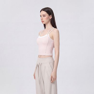 Women's Contrast Trim Double Strap Cropped Cami Tank Top with Fitted Light Support Activewear Design