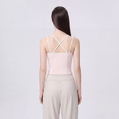 Women's Contrast Trim Double Strap Cropped Cami Tank Top with Fitted Light Support Activewear Design