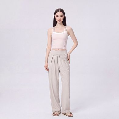 Women's Contrast Trim Double Strap Cropped Cami Tank Top with Fitted Light Support Activewear Design