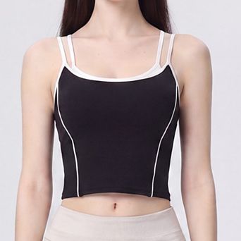 Women's Contrast Trim Double Strap Cropped Cami Tank Top with Fitted Light Support Activewear Design