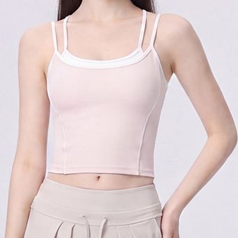 Women's Contrast Trim Double Strap Cropped Cami Tank Top with Fitted Light Support Activewear Design