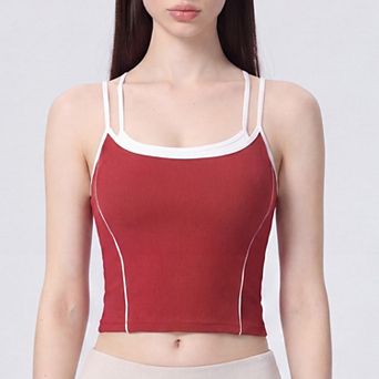 Women's Contrast Trim Double Strap Cropped Cami Tank Top with Fitted Light Support Activewear Design