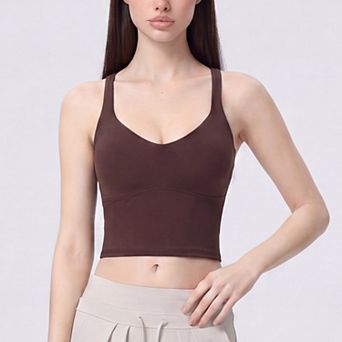 Women's Cropped Yoga Tank Top with Built In Padding Scoop Neck Wide Strap Fitted Activewear Top