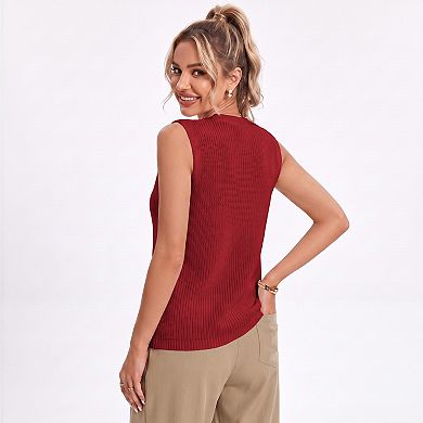 Women's Button Front Sweater Vest V Neck Sleeveless Knit Pocket Top
