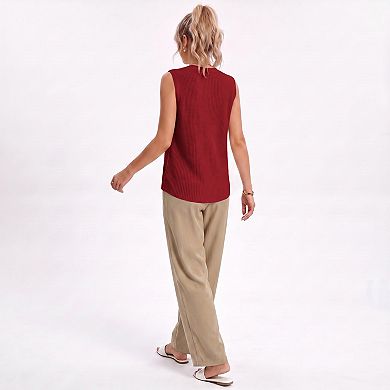 Women's Button Front Sweater Vest V Neck Sleeveless Knit Pocket Top