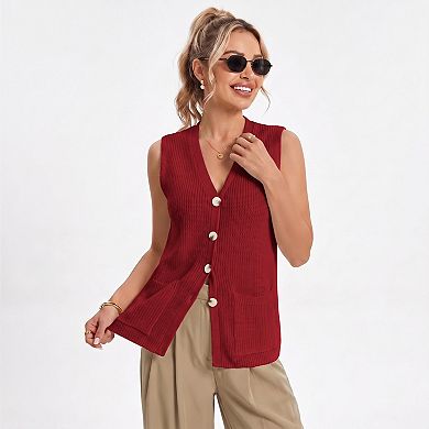 Women's Button Front Sweater Vest V Neck Sleeveless Knit Pocket Top