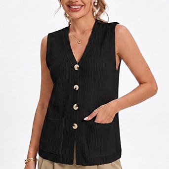 Women's Button Front Sweater Vest V Neck Sleeveless Knit Pocket Top