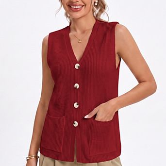 Women's Button Front Sweater Vest V Neck Sleeveless Knit Pocket Top
