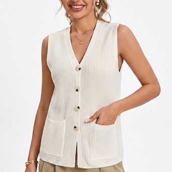 Women's Button Front Sweater Vest V Neck Sleeveless Knit Pocket Top
