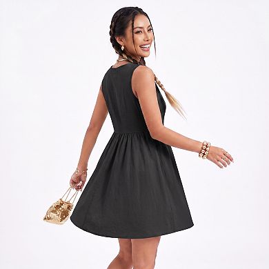 Women's Button Front Mini Dress Sleeveless Babydoll A Line Dress